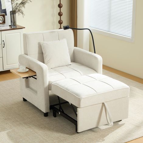 Fauteuil convertible deux-en-un, canapé-lit une place, fauteuil (avec coussins et poches latérales), avec une petite table d'un côté et un sac de rangement de l'autre (chenille beige)