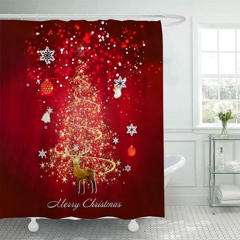 180 x 200 cm großer Duschvorhang mit Weihnachtsmotiv, Weihnachtsmann und Rentier, Badezimmer-Dekorationsset, wasserdichtes Material, inklusive 12 Haken