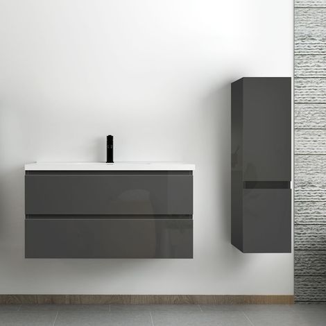 Acezanble ensemble meuble salle de bain 100 cm anthracite brillant avec 2 tiroirs à fermeture automatique, lavabo céramique simple + colonne, suspendu