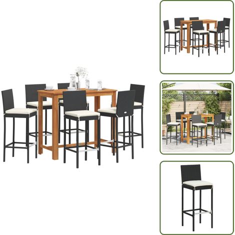 The Living Store 7-tlg. Gartenbar-Set Schwarz Massivholz Akazie und Poly Rattan - Gartenbar Set - Outdoor Möbel - Gartentisch - Gartenstühle - Rattan Gartenmöbel (1/5)