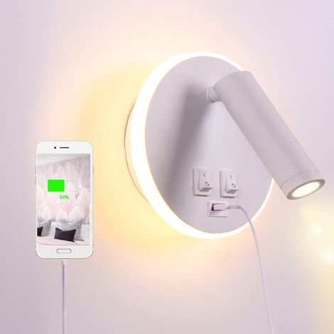 LED bedside lamp with USB charging port, indoor wall light, with switch, white 3W + 8W (round USB) (1/5)