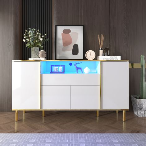 Sideboard MDF/Spanplatte Weiß Hochglanz 150x40x80 cm mit 4 Türen, 1 Schublade, LED-Beleuchtung und goldfarbenen Beinen (1/5)