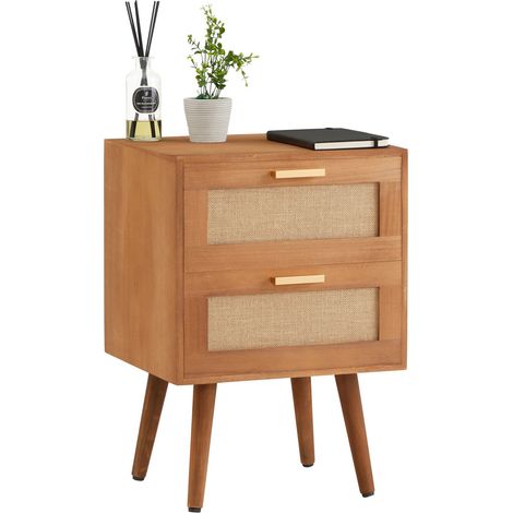 Idimex – Table de chevet vintage en bois paulownia brun – 2 tiroirs avec insert en lin – Dimensions 57 x 40 x 35 cm – Design élégant avec pieds en compas (1/4)