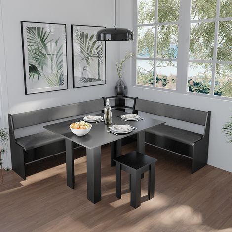 Conjunto con banco esquinero Roman, Negro, 180 x 41.5 cm con mesa, Vicco