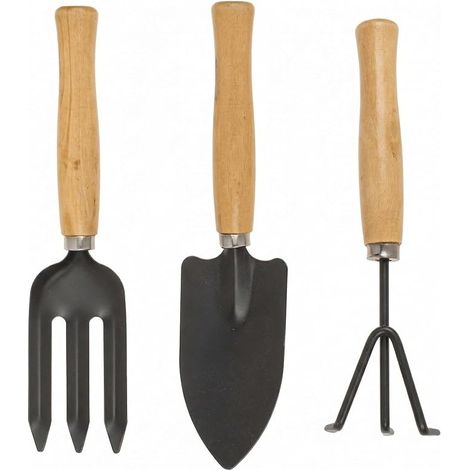 Set of 3 Small Garden Appliances 25 cm Shovel Fork Rake Pot Balcony Raised Bed Wooden Handles with Anodised Metal (1/5)