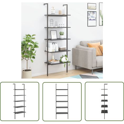 The Living Store Leiterregal mit 5 Böden Schwarz 64x35x185 cm - Bücherregal - Wandregal - Stehregal - Aufbewahrung - Dekoration (1/5)