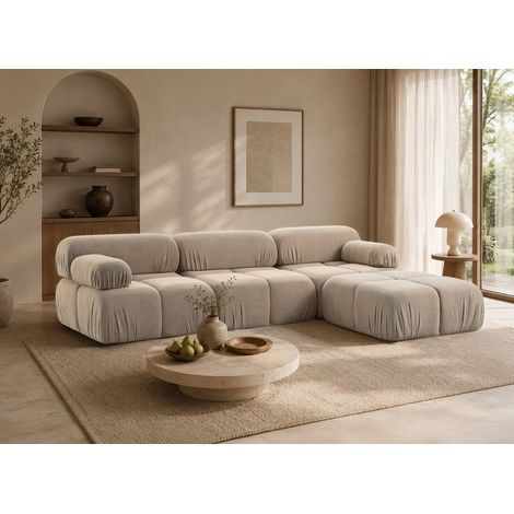 Canapé droit 3 places + pouf en velours texturé taupe SABRINA (1/5)