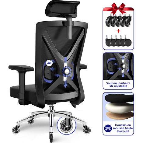 Chaise bureau ergonomique avec soutien lombaire réglable, fauteuil de bureau avec accoudoirs réglables et base en métal, Équipé de roues supplémentaires silencieuses (1/5)