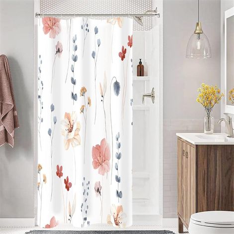 Cortina de ducha pequeña de 36x72 cm, estrecha, con estampado floral en media acuarela, con ganchos, conjunto decorativo de baño floral color coral beige.