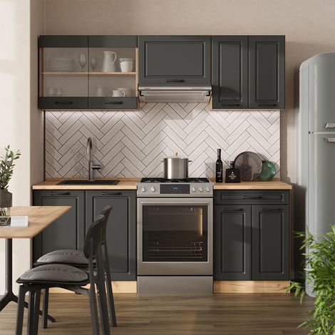 Cucina componibile R-Line, Antracite rustico/rovere dorato, 200 cm senza piano di lavoro, Vicco