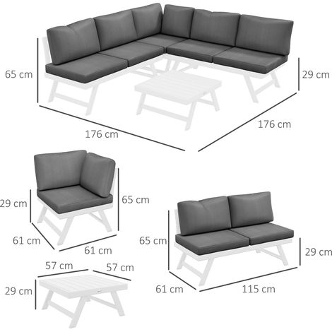 Ensemble 4 meubles de jardin gris avec canapé d’angle,double canapé et table basse,coussins confortables pour balcon et terrasse.