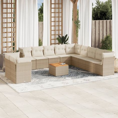 Salon de Jardin 12 Places en Résine Tressée Beige avec Table et Coussins Détachables (1/3)