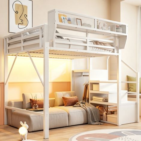Hochbett 140x200 Metallbett Weiß mit LED-Beleuchtung, Stauraum und Sicherheitsleiter - Platzsparendes Etagenbett für Erwachsene und Kinder (1/5)