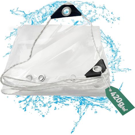 Bâche en PVC imperméable et transparente, avec œillets, 420 g/m², résistante aux intempéries, à l'hiver, rideau indéchirable, protection contre la pluie, pour meubles de jardin, serre, tonnelle, 4 x 4 (1/5)