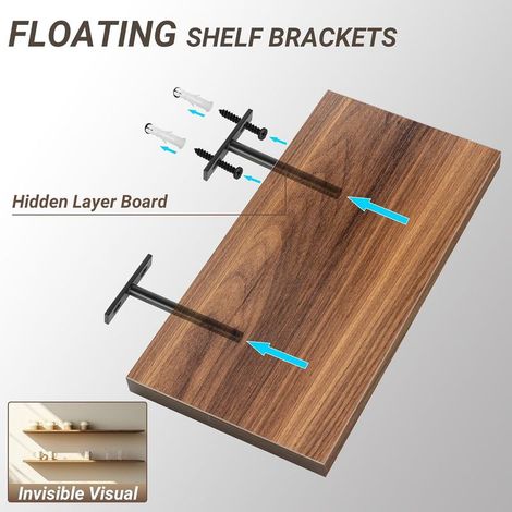 Equerre Etagere Murale Fixation Flottante Invisible, Tige Double Support Etagere Murale en Métal, Tablette Flottante Support Charge Lourde, Longueur 150MM, Noir 2 Pcs, EJY9006B-2P