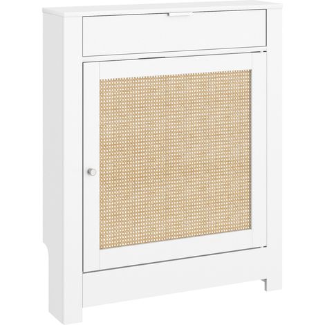 HOMCOM cubre radiadores con puerta abatible y ratán, cubreradiador de MDF, 78x19x95,5 cm, cubierta para radiador, compartimento, blanco