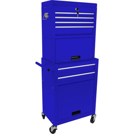 Carro de herramientas de 6 cajones con cerradura, 4 ruedas, acero, azul, OKWISH (1/5)