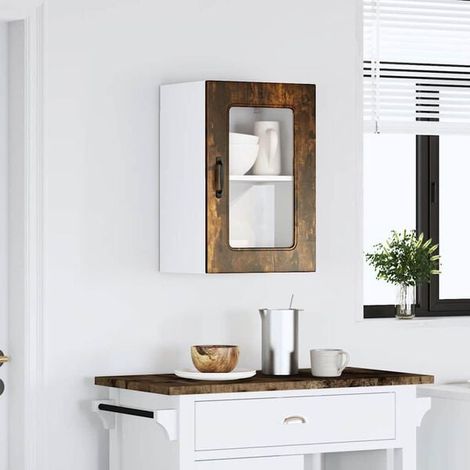 Armoire murale de cuisine avec porte vitrée, placard suspendu en bois d'ingénierie effet chêne fumé Kalmar, rangement mural moderne pour cuisine (1/5)