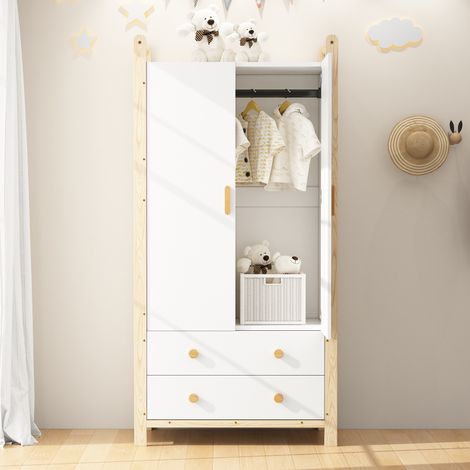 Armoire 2 portes avec tringle et 2 tiroirs, 89,6 x 44 x 180,5 cm, blanche et pin HAVRYA (1/5)