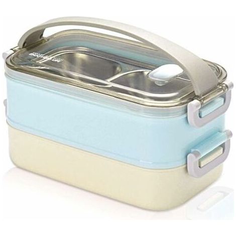 2 couches boîte à lunch en acier inoxydable portable thermique boîtes à bento boîte à lunch isolée lunch box isotherme conteneurs de stockage des aliments pour École bureau 1.6L Bleu (1/5)