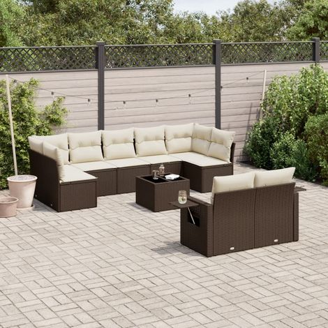 Ensemble Salon Jardin Résine Tressée 10 Pièces Marron avec Coussins Blanc Crème et Table (1/3)