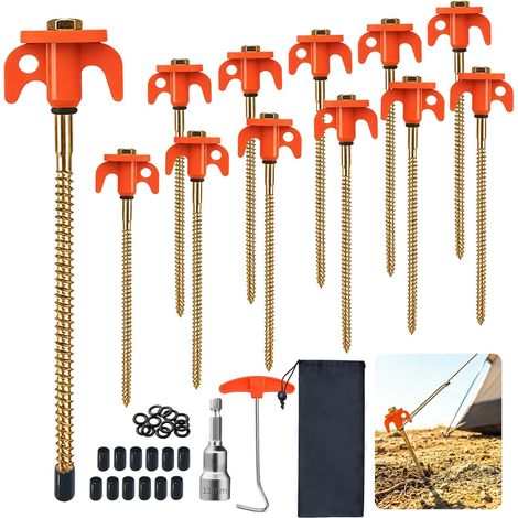 Lot de 12 Piquet de Tente à Visser, Sardines de Fixation Tente en Acie Piquets Solides, Ancrages Au Sol à Visser Accessoires pour Tente, Avec Extracteur de Clous et Sac pour Sol Dur, Prairie (1/5)