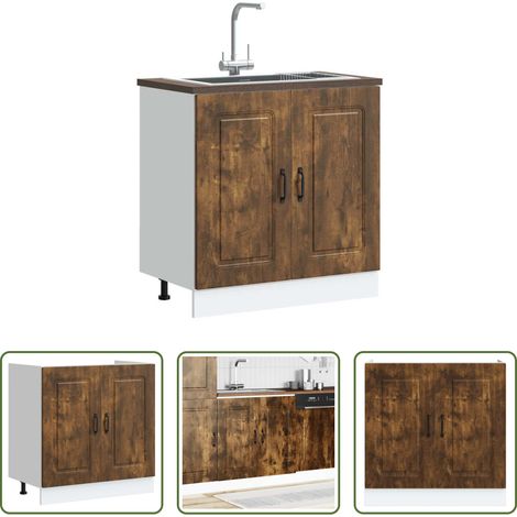 vidaXL Bois d'ingénierie - Meuble bas pour évier Kalmar chêne fumé bois d'ingénierie (1/5)