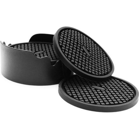 Lot de 6 sous-verres en silicone noir, diamètre 10 cm, avec supports - rainures profondes et absorbantes, parfaits pour les boissons chaudes et froides (1/5)