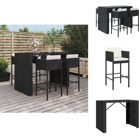Ensemble de bar de jardin 5 pcs avec coussins noir poly rotin - Ensemble Salon De Jardin - Mobilier De Jardin - Set De Bar Extérieur - Table Et Chaises De Jardin - Résine Tressée (1/5)