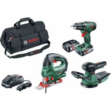 Bosch PSR 1800 LI-2 Bohrschrauber + PST 18 LI Stichsäge + Advanced Orbit 18 Exzenterschleifer inkl. Akkus u. Tasche (1/3)