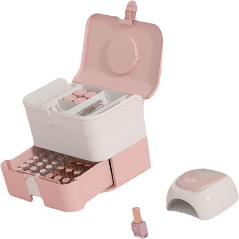 Boîte de rangement cosmétique à 2 tiroirs, grande capacité, portable, avec poignée, pour vernis à ongles et nail art, rose