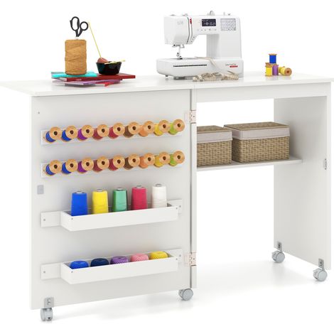 Table de couture pliante avec étagère de rangement et 5 roues verrouillables - blanc (1/5)