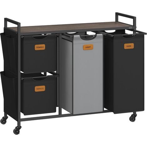 Cesto para ropa sucia 4 compartimentos 150 litros cubo ruedas carro con estantes bolsa bolsillos laterales 6 etiquetas negro 120006658 (1/4)