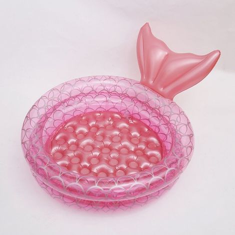 Aufblasbares Meerjungfrauen-Kinderbecken 90 cm mit aufblasbarer Fischschwanzflosse und silbernem Schuppenmuster transparentes rosa für drinnen (1/2)