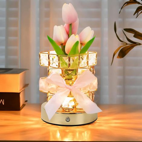 Veilleuse tulipe rose, veilleuse ornement en cristal, lampe de chevet avec 3 modes de température de couleur, convient aux décorations romantiques pour Noël, la fête des mères et la Saint-Valentin (C) (1/5)