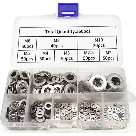 Lot de 360 Rondelles Plates Inox 304 Polies M2-M10, Visserie Robuste pour Bricolage, Mécanique et Réparations Domestiques (1/4)