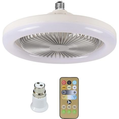 Ventilateur de plafond LED 2 en 1, ventilateur de plafond léger 30 W avec télécommande, base de convertisseur E27 avec adaptateur B22 pour chambre, bureau, dortoir (blanc) (1/5)
