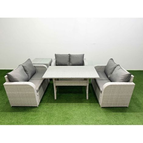 Fimous 6 Seater PE Wicker Rattan Furniture Sofa Sets with Rectangular Dining Table 2 Seater Love Sofa Side Table Light Grey (1/4)