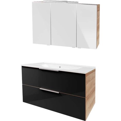 Fackelmann B. BRILLANT Badmöbel Set 3-teilig 100 cm, Anthrazit Glas/Braun hell, Gussmarmor+LED-Spiegelschrank"-"90321145 (1/5)