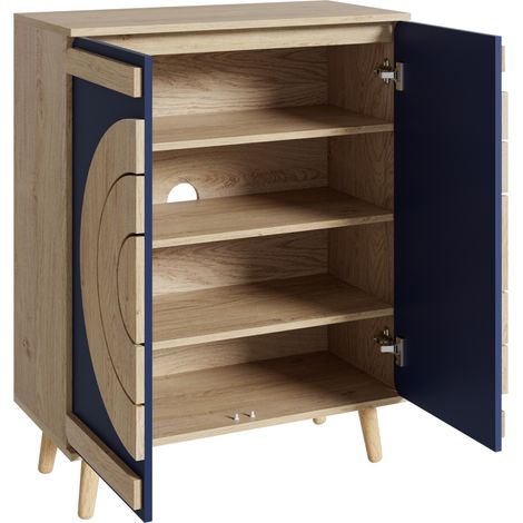 Moderne Schuhkommode aus Spanplatte in Blau und Natur mit runden Türen, 76 x 37 x 98,5 cm (1/5)