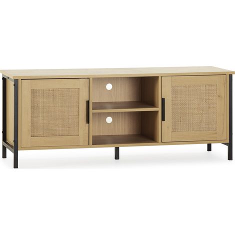 Mueble TV Cruz 2 Puertas Color Roble con ratán Natural, 120 cm