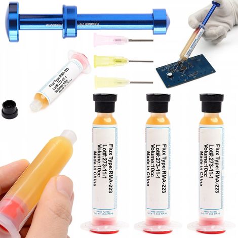 3x RMA-223 Gel Flux de 10 cc + Exprimidor de Flux, Émbolo de Flux + 3 Agujas Dispensadoras