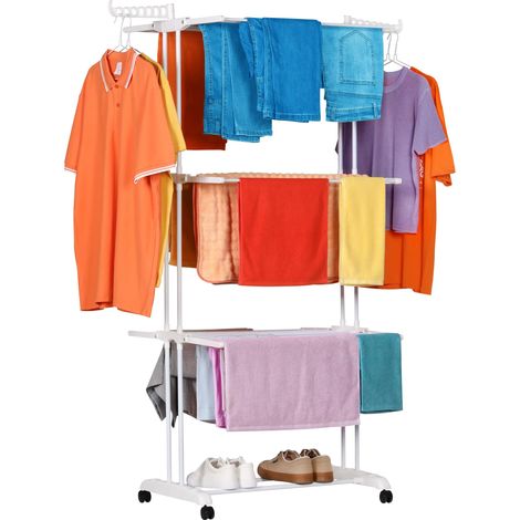 Etendoir Linge Interieur-Exterieur Pliable à 4 Niveaux - 6 Plateaux Rétractables + 2 Ailes Latérales avec Support pour Cintres + Porte-Chaussures, roulettes 360°, Couleur Blanc (19m de Linge) (1/5)