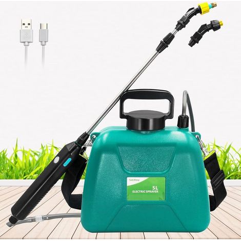 Pulvérisateur à piles de 1,35 gallon/5 litres, pulvérisateur électrique avec poignée de chargement USB, pulvérisateur de jardin portable avec manche télescopique, 2 buses et bandoulière réglable (1/5)