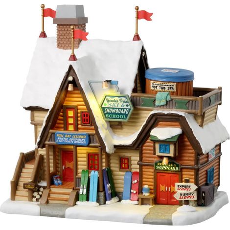 Lemax – École de ski et snowboard Yonder Peak – Bâtiment éclairé en polyrésine – Dimensions 23x23,7x14,8 cm – Pour village de Noël (1/2)