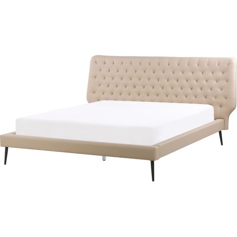 Cama tapizada en piel sintética beige 160 x 200 cm diseño moderno cabecero acolchado Essonne