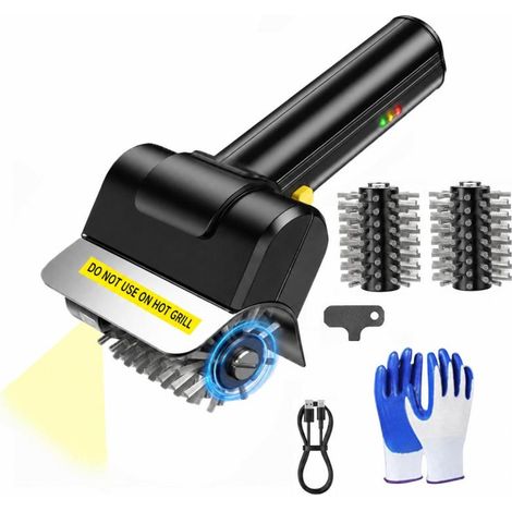 Brosse électrique sans fil pour barbecue, brosse de nettoyage à rouleau en acier inoxydable, 2000 mAh, rechargeable, avec gants, lumière intégrée et 2 brosses en acier. (1/5)