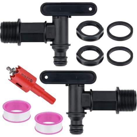 Set of 2 Rainwater Tank Drain Taps - Plastic Tap with Seal and Hole Opener, 3/4" Rainwater Tank Adapter (1/5)