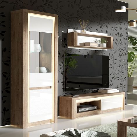 Wohnwand Set 3-teilig modern in Eiche mit weiß LATINA-161 (1/5)