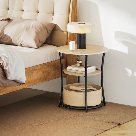 Table d'appoint ronde à 3 niveaux avec station de recharge, 3 étagères et sac de rangement pour salon/chambre Ø50 x 55,1 cm Naturel